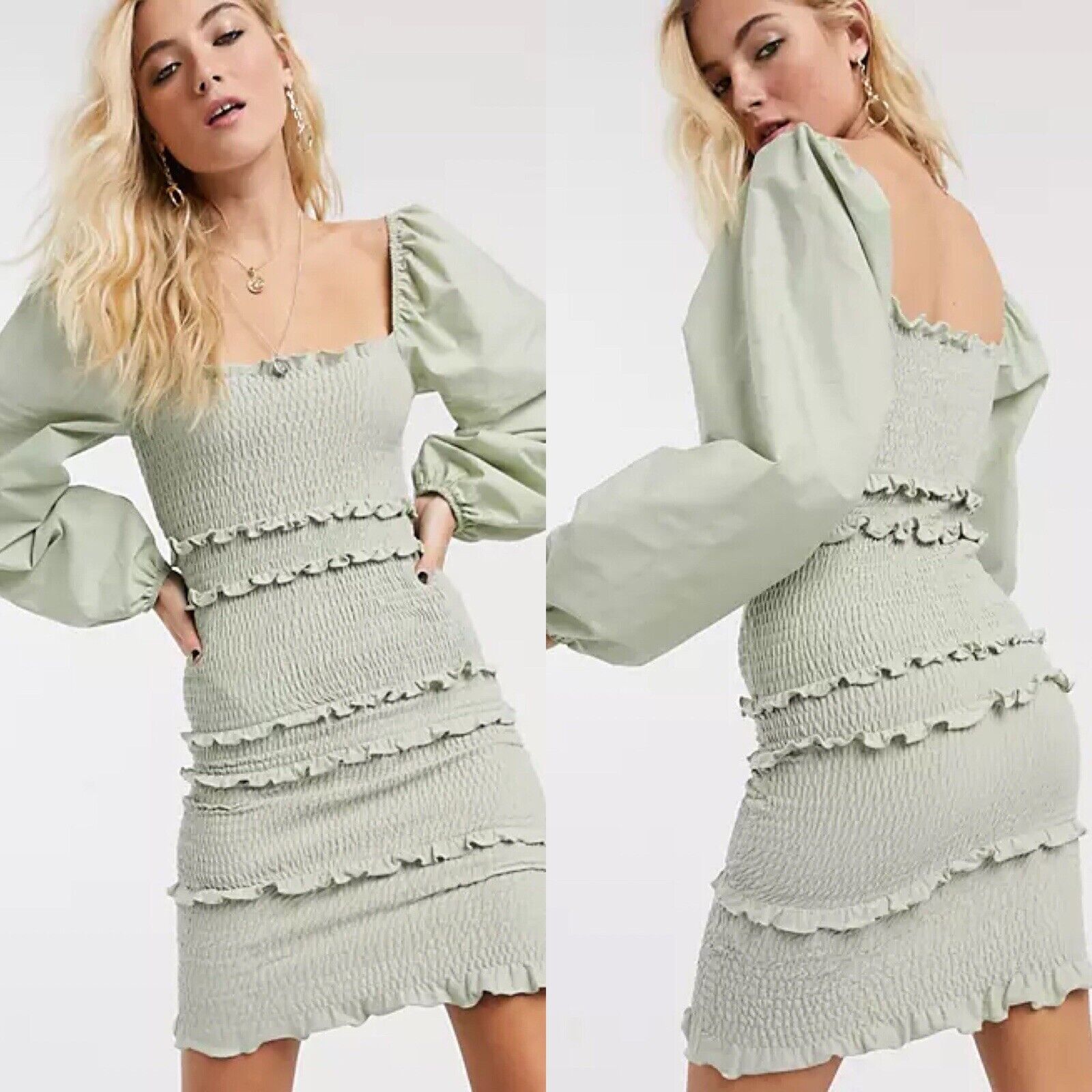 Topshop Women 8 Dress Sage Green Shirred Puff Long Sleeve Ruffles Mini New